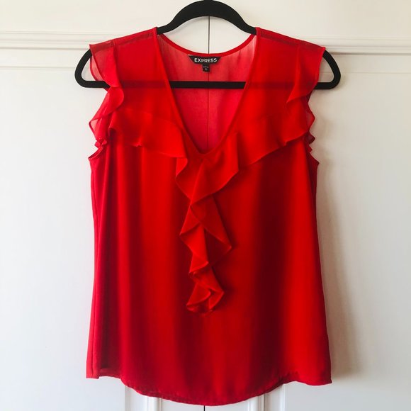 Vibrant Red Ruffle-Front V-Neck Chiffon Sleeveless Blouse by Express - Size XS - Picture 1 of 12